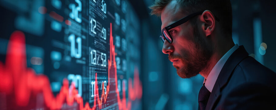 Man in suit examines falling stock market graph on digital screen. Economy downturn and financial crisis in dark atmosphere. Worried investor sees company value reduction.