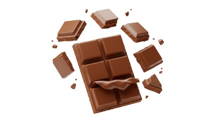 Milk chocolate bar with broken pieces isolated on transparent PNG, sweet dessert treat for confectionery and baking