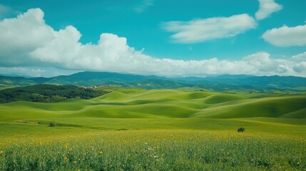 Obraz premium Rolling green hills landscape wildflower meadow sunny sky