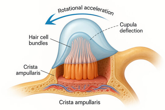Diagram showing the crista ampullaris within the inner ear, illustrating the mechanism of rotational acceleration and cupula deflection, with labels for hair cell bundles and the crista ampullaris.