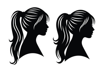 Silhouette profile of two women with ponytails isolated on white background