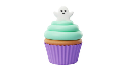 Halloween cupcake with ghost isolated on white, spooky dessert with mint frosting and purple wrapper for holiday celebration PNG