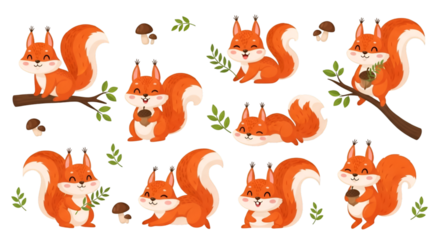 Adorable Cartoon Squirrels with Acorns and Mushrooms