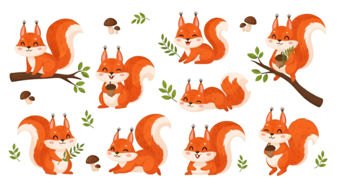 Adorable Cartoon Squirrels with Acorns and Mushrooms