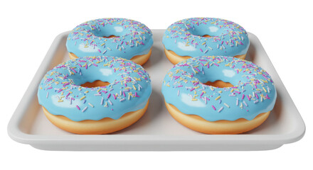 Four donuts with blue frosting and sprinkles isolated on a tray, sweet dessert for bakery or confectionery use