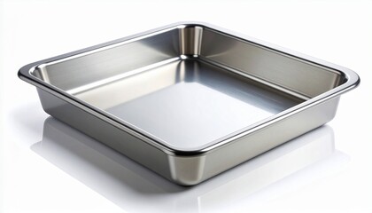 Rectangular stainless steel baking pan with rounded corners and reflective surface on white background