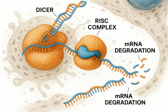 Illustration of DICER and RISC complex in mRNA degradation process