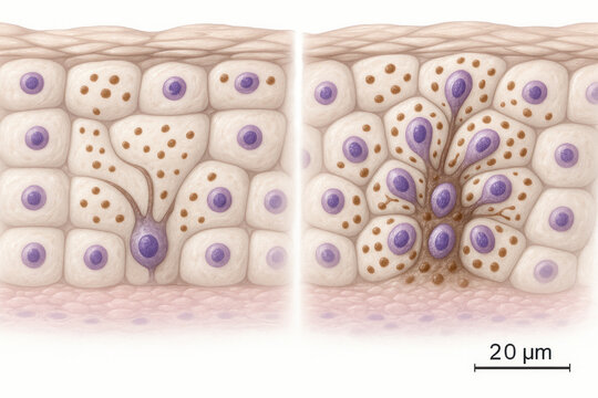 Microscopic illustration of melanocytes and keratinocytes in the skin, showing melanin transfer