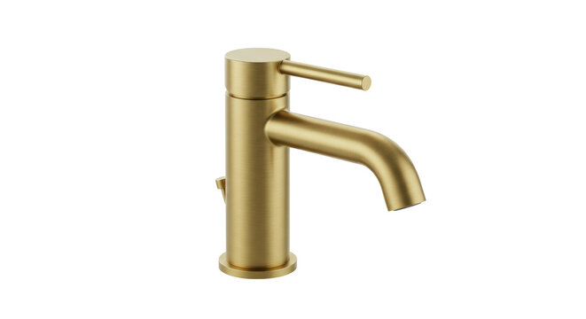 Brushed gold bathroom faucet isolated on white, modern single handle fixture for sink and vanity PNG