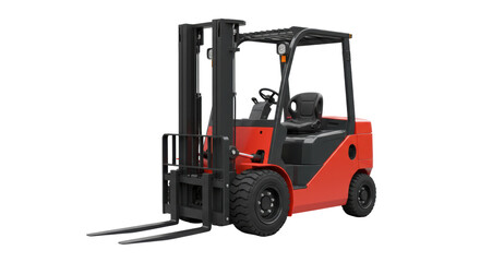 Red forklift truck isolated on transparent background, industrial vehicle for lifting and transporting heavy loads PNG