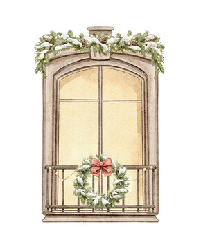 Vintage cartoon cute composition with window frame viewed from outside with Christmas decorations isolated on white background. Watercolor and pencil hand drawn illustration sketch