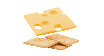 Square slice of Swiss cheese with holes and crackers isolated on transparent background, snack food for party and picnic