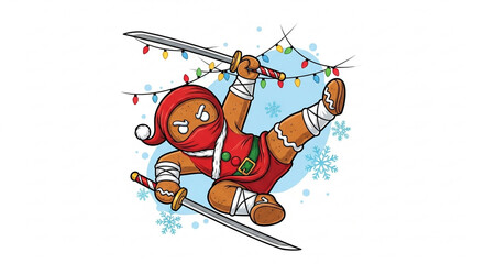 Festive fun Ninja Gingerbread man with swords and holiday lights for Christmas cards, invitations and social media, making the holidays more engaging