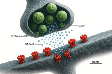 Close-up illustration of GABA neurotransmitter release and binding at a synapse, depicting synaptic vesicles, GABA molecules, and GABA-A receptors.
