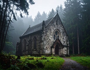 Stone chapel in a misty forest, path leads to entrance
