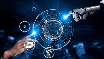 Obraz premium AI Assistant Brain Processor with LLM Technology, Big Data, Machine Learning, Generative AI for Business Support, Future Agentic AI Technology and Artificial Intelligence Prompt Engineering. Funnel