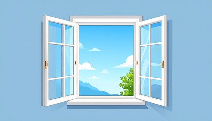 An open white window reveals a bright blue sky, clouds, mountains, and a tree