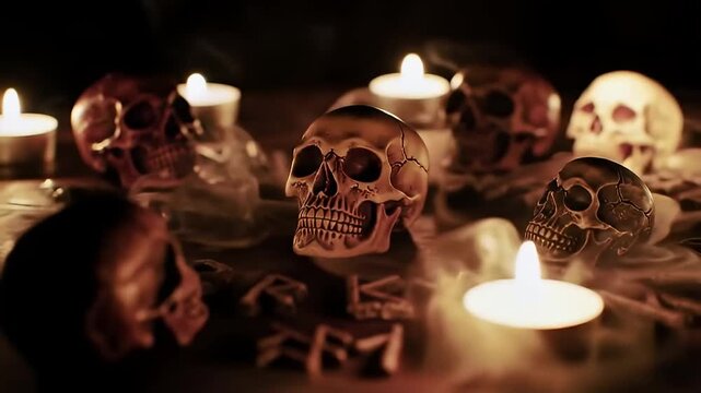 Occult Ritual Scene with Skulls, Candles, and Smoke on an Altar