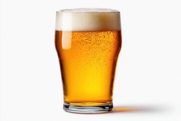 Refreshing pint of golden beer with frothy head studio shot on white background close up view