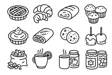 Jams autumn loaf cider tart icons cookies muffins icon apple vector market
