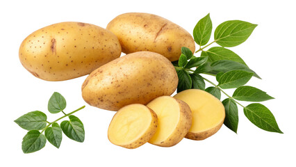 Fresh Potatoes with Leaves, Isolated on Transparent Background, vegetable, food photography, clipart, Potato, produce, ingredient
