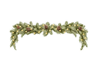 Watercolor vintage Christmas branches of coniferous trees frame border with pine cones and luminous garland lights isolated on white background. Watercolor and pencil hand drawn illustration sketch