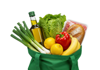 Vibrant green reusable canvas bag overflowing with fresh produce, bread, olive oil, and raw meat, on a transparent studio background, ample copy space, healthy and sustainable living concept.