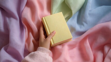 Fototapeta premium A Gentle Hand Reaches For A Yellow Book Amidst Soft Pastel Fabric Folds