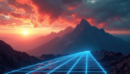 Dramatic mountain range glows at sunset with neon blue grid path overlay. Fiery clouds fill the sky above rugged peaks and valleys, creating a futuristic landscape scene.