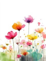 Watercolor painting of colorful flowers on white background, artistic floral illustration, vibrant botanical art, delicate spring garden, cheerful summer meadow