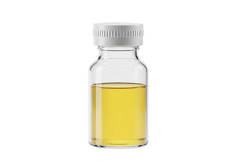 Small glass bottle with yellow liquid isolated on transparent background, medicine or essential oil in vial for pharmaceutical use