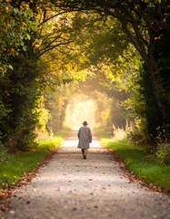 Person walking down a path through autumn trees