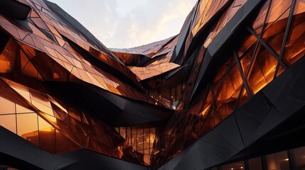 Molten Copper and Shadow: A Dramatic Low-Angle View of a Futuristic Geometric Facade