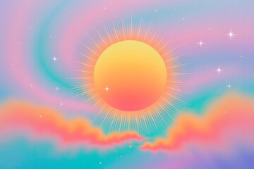 Bright Yellow-Pink Sun with Sharp Radiant Beams in a Soft Pastel Sky – Minimalist Dreamy Digital Illustration