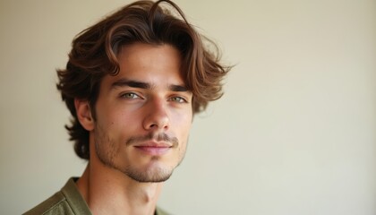 Obraz premium Young man with medium length wavy brown hair styled with a middle part. He has a light beard and mustache. His gaze is direct and confident.