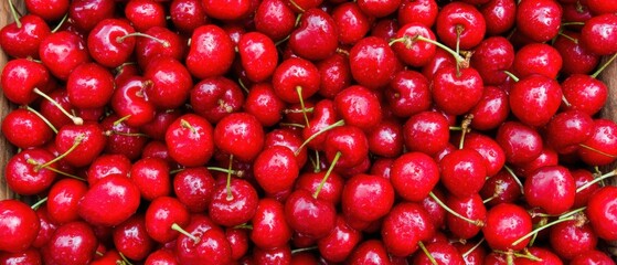 Fresh Red Cherries Close Up Overhead View in Wooden Crate at Farmers Market for Healthy Eating and Summer Fruit Dessert