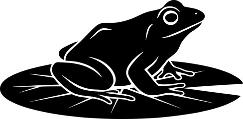 frog on lily pad, relaxed pose, side profile, solid black silhouette