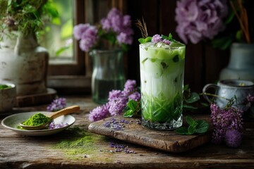 Iced matcha latte on rustic wood table with lilac flowers and green tea powder in natural light still life