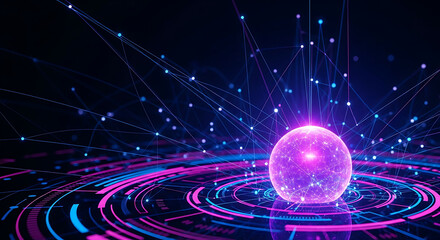 Futuristic glowing sphere with digital network connections, abstract technology background, artificial intelligence, quantum computing and data visualization concept