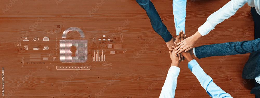 Poster hands come together over a wooden table, symbolizing collaboration in a secure environment. a digita