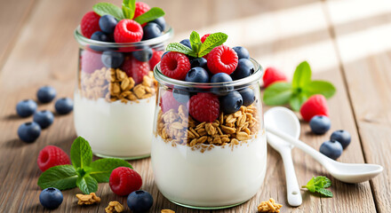 Delicious yogurt parfaits with fresh berries nuts and mint on a wooden table