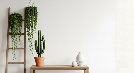 Modern indoor plants decor including cactus and greenery on ladder shelf