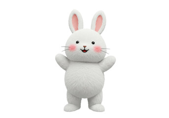 Cute fluffy bunny PNG isolated on transparent background, adorable cartoon rabbit character with pink cheeks and long ears for Easter and spring