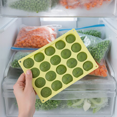 Frozen green bean baby puree cubes in freezer