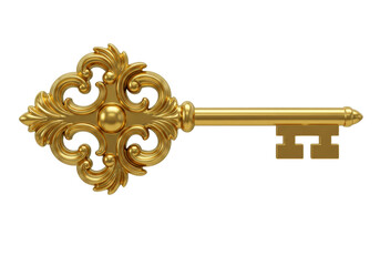 Ornate golden key isolated on transparent background, antique style object for design and decoration in PNG format