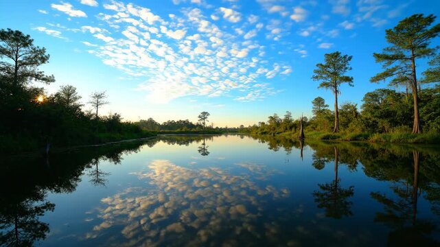 Serene swamp water reflections timelapse showing the sky's colors and clouds changing on the mirrored surface wilderness, water, patterns