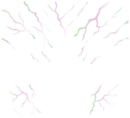 Gentle pastel lightning cracks glowing in soft pink, mint, and lavender tones on black background, dreamy fracture design for fantasy art and decorative textures.