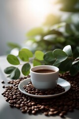 White coffee cup surrounded by coffee beans with green leaves in soft sunlight
