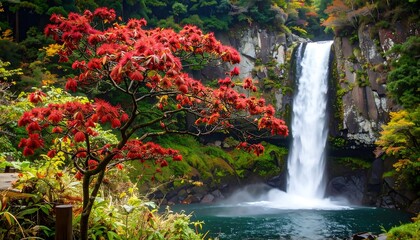 Cascading waterfall nestled in lush, green foliage with autumn-hued tree in foreground