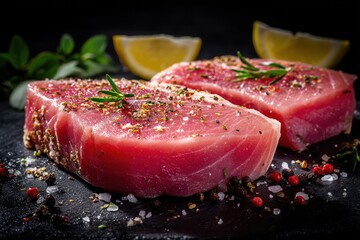Close-up of two seasoned tuna steaks on slate with lemon wedges and herbs in a dark kitchen setting